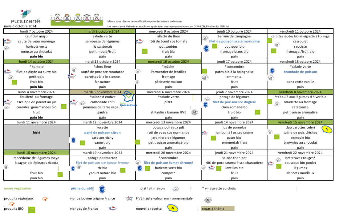 Menus - Mercredis octobre et novembre 2024