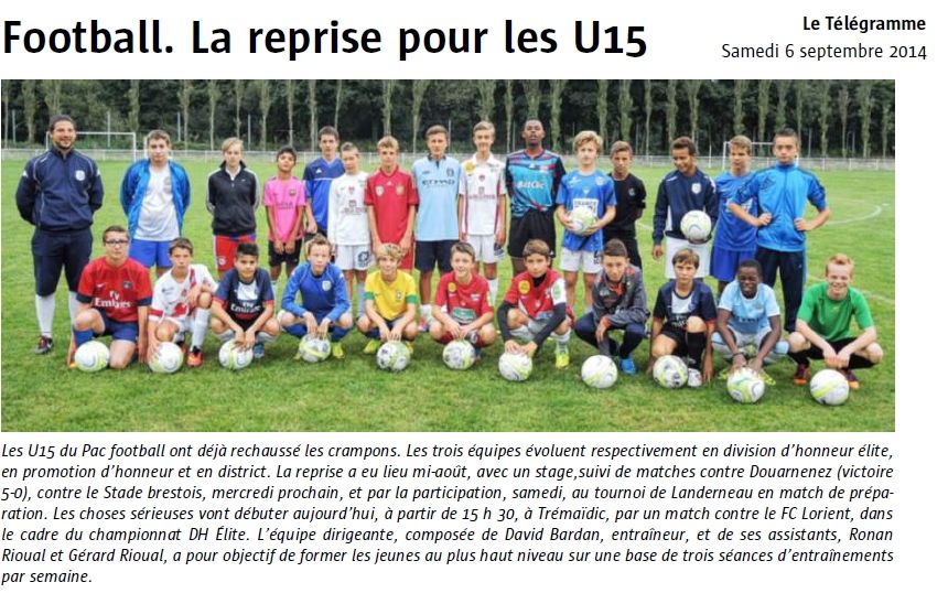 U15 Le Télégramme du 6 septembre 2014